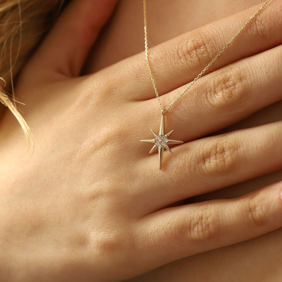 Prenses Pırlanta-14 Ayar Altın Taşlı Star Kutup Yıldızı Altın Kolye Modeli ''45 cm''