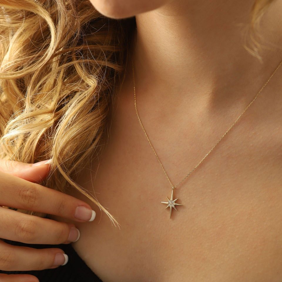 Prenses Pırlanta-14 Ayar Altın Taşlı Star Kutup Yıldızı Altın Kolye Modeli ''45 cm''