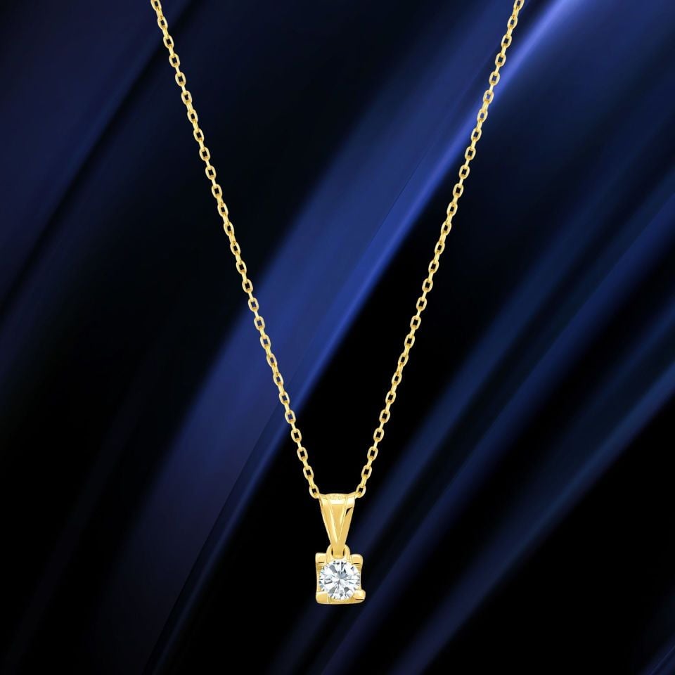 Prenses Pırlanta-14 Ayar Altın Pırlanta Möntürlü Tek Taş Altın Kolye Modeli ''45 cm''