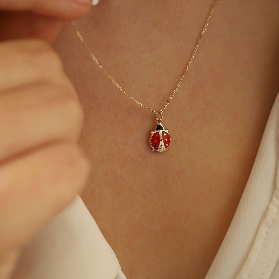 Prenses Pırlanta-14 Ayar Altın Mineli Uğur Böceği Altın Kolye Modeli ''45 cm''