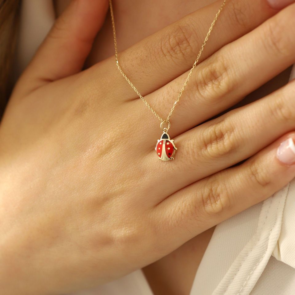 Prenses Pırlanta-14 Ayar Altın Mineli Uğur Böceği Altın Kolye Modeli ''45 cm''