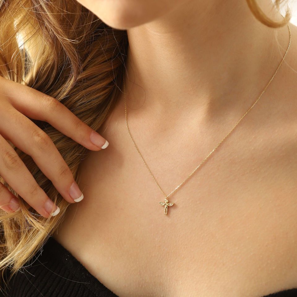 Prenses Pırlanta-14 Ayar Altın Taşlı Minimal Melek Altın Kolye Modeli ''45 cm''