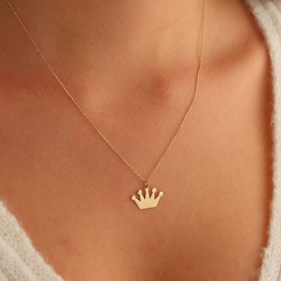 Prenses Pırlanta-14 Ayar Altın Taç Altın Kolye Modeli ''45 cm''