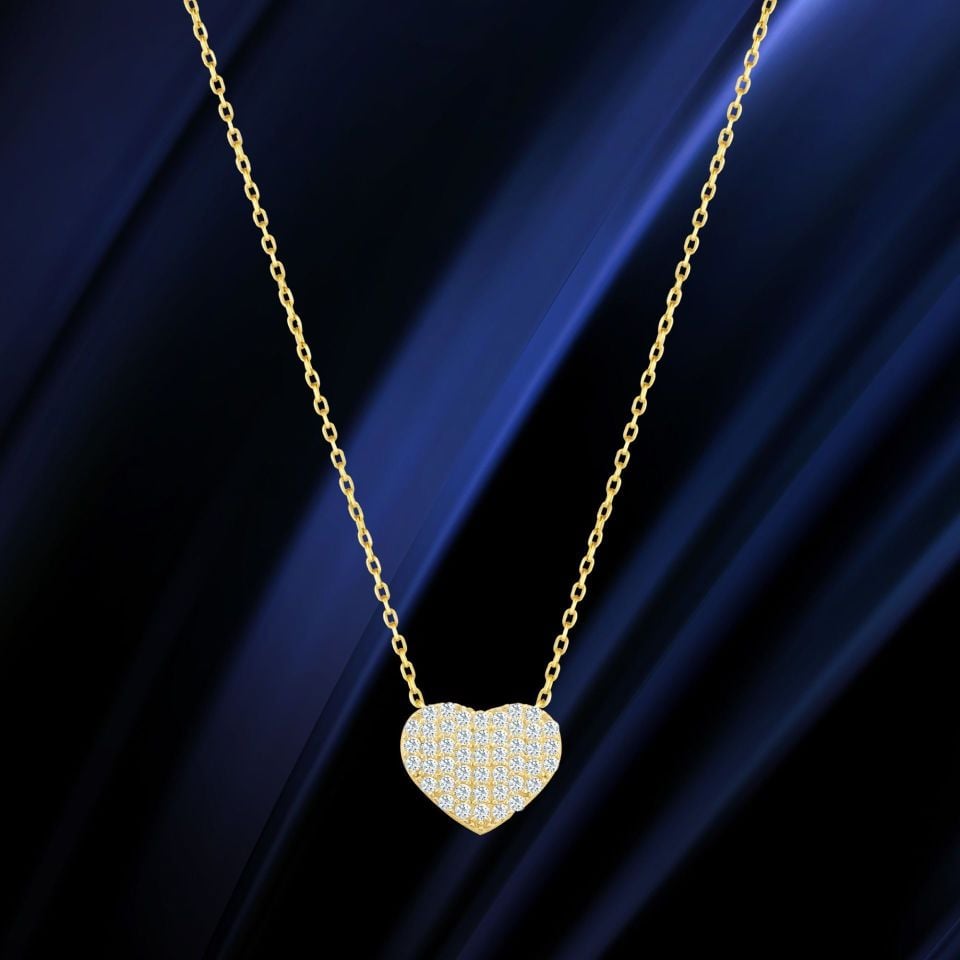 Prenses Pırlanta-14 Ayar Altın Taşlı Kalp Altın Kolye Modeli ''45 cm''
