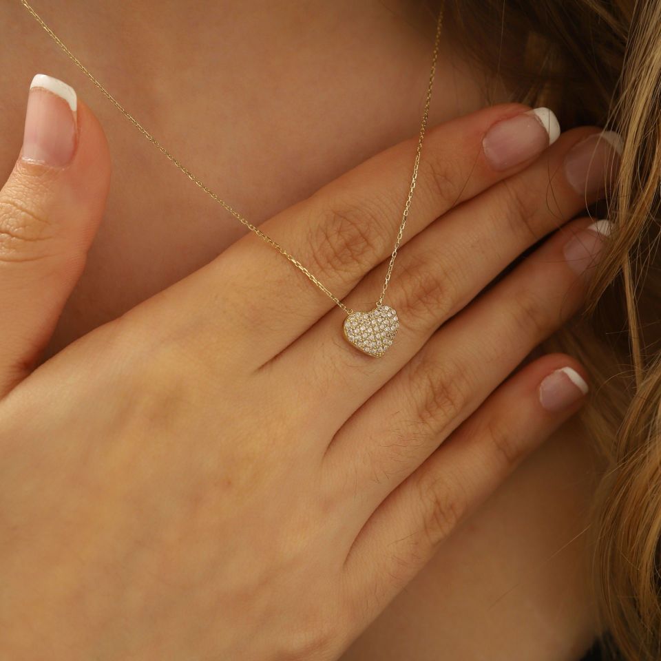 Prenses Pırlanta-14 Ayar Altın Taşlı Kalp Altın Kolye Modeli ''45 cm''