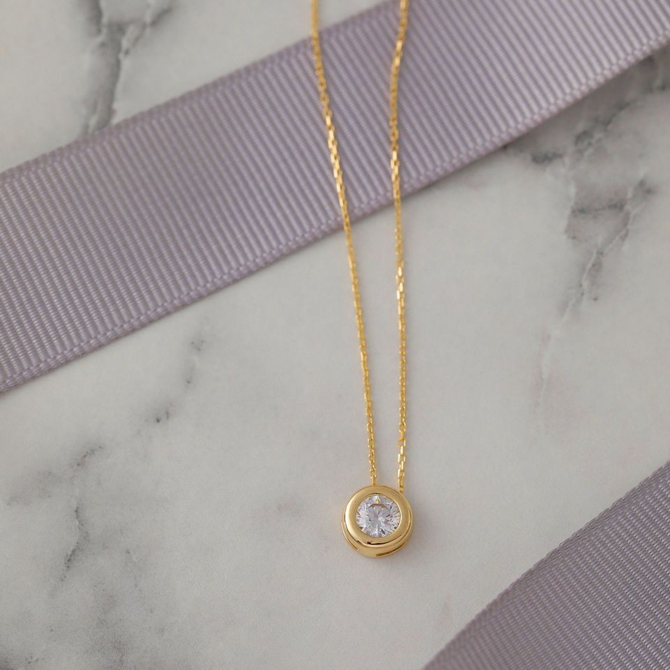 Prenses Pırlanta-14 Ayar Altın Sıvama desenli Tektaş Pırlanta Möntürlü Altın Kolye Modeli ''45 cm''