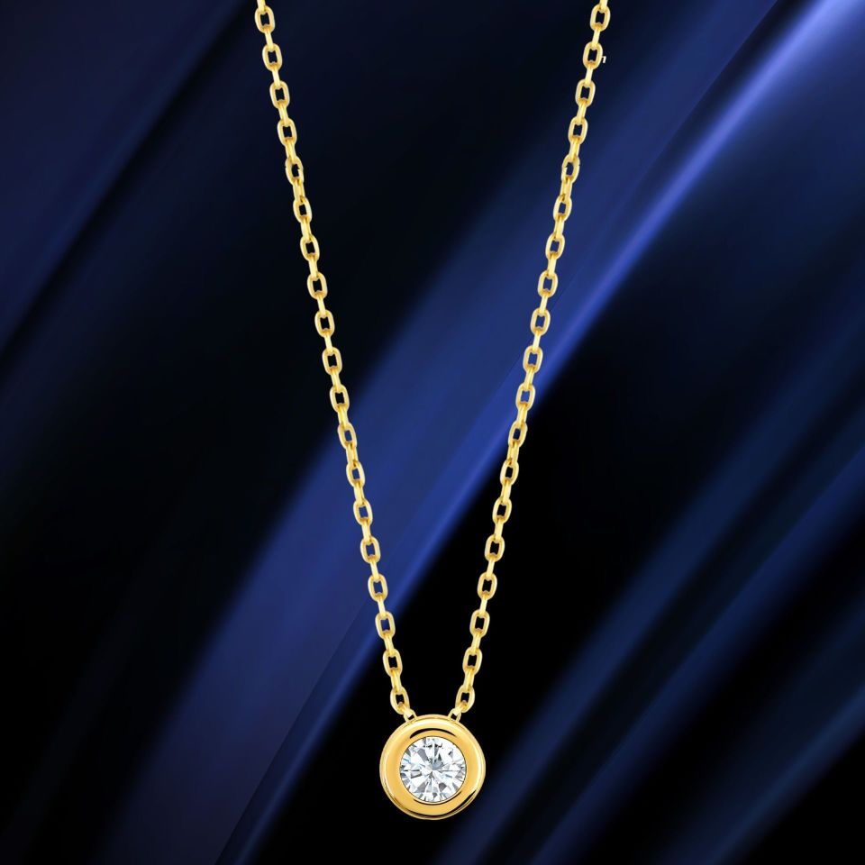 Prenses Pırlanta-14 Ayar Altın Sıvama desenli Tektaş Pırlanta Möntürlü Altın Kolye Modeli ''45 cm''