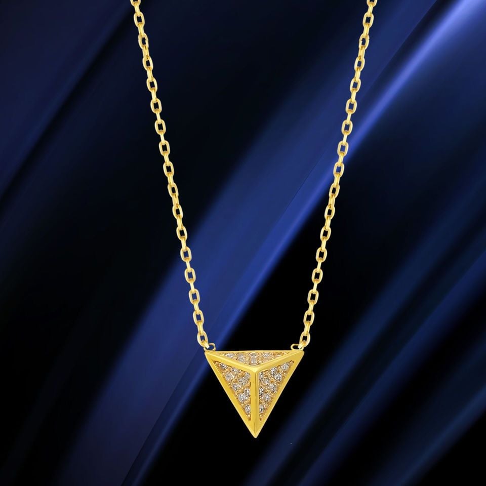 Prenses Pırlanta-14 Ayar Altın Taşlı Pramit Üçgen Altın Kolye Modeli ''45 cm''