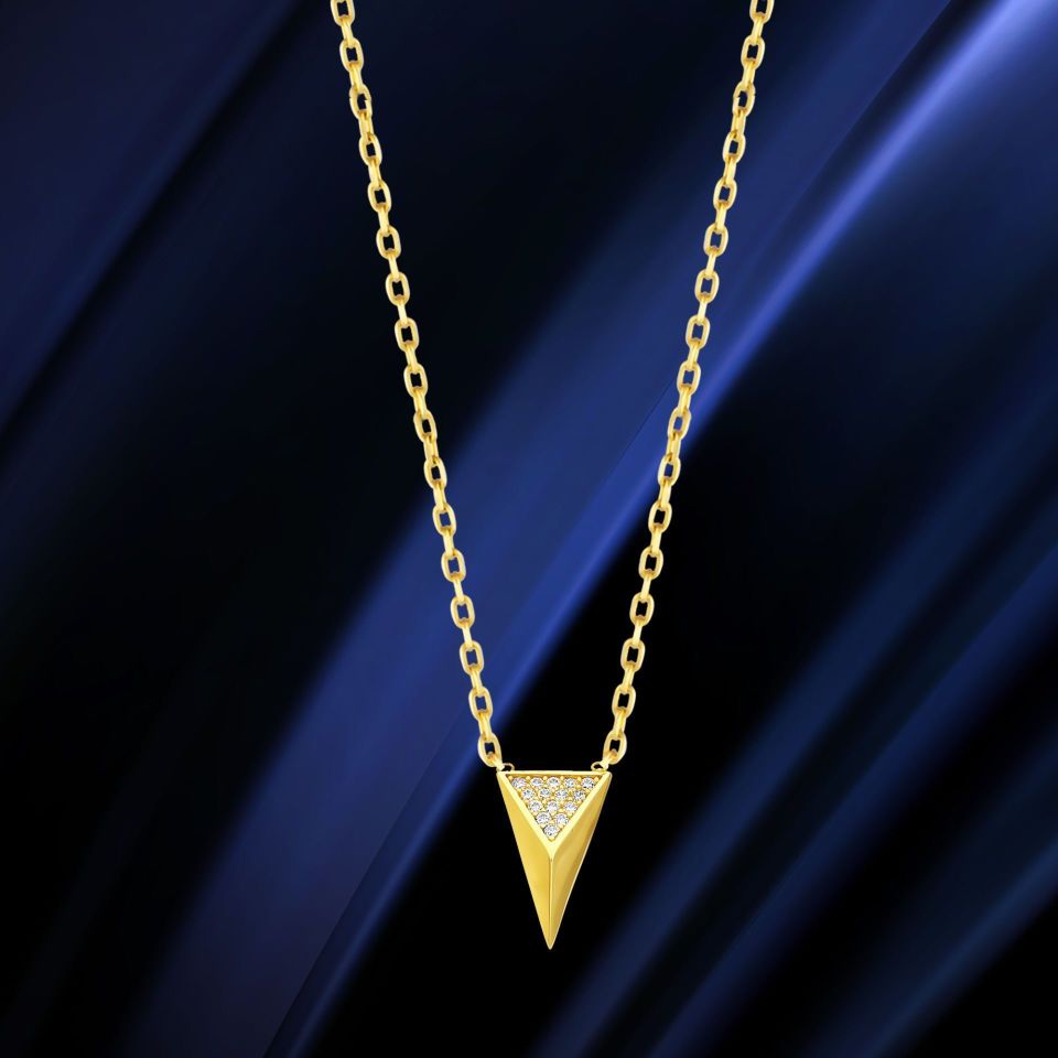 Prenses Pırlanta-14 Ayar Altın Taşlı Pramit Üçgen Altın Kolye Modeli ''45 cm''