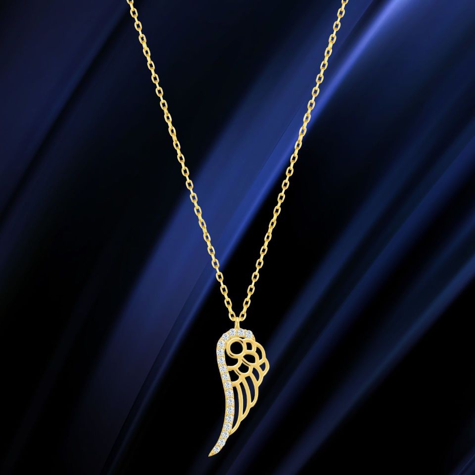 Prenses Pırlanta-14 Ayar Altın Taşlı Melek Kanadı Altın Kolye Modeli ''45 cm''