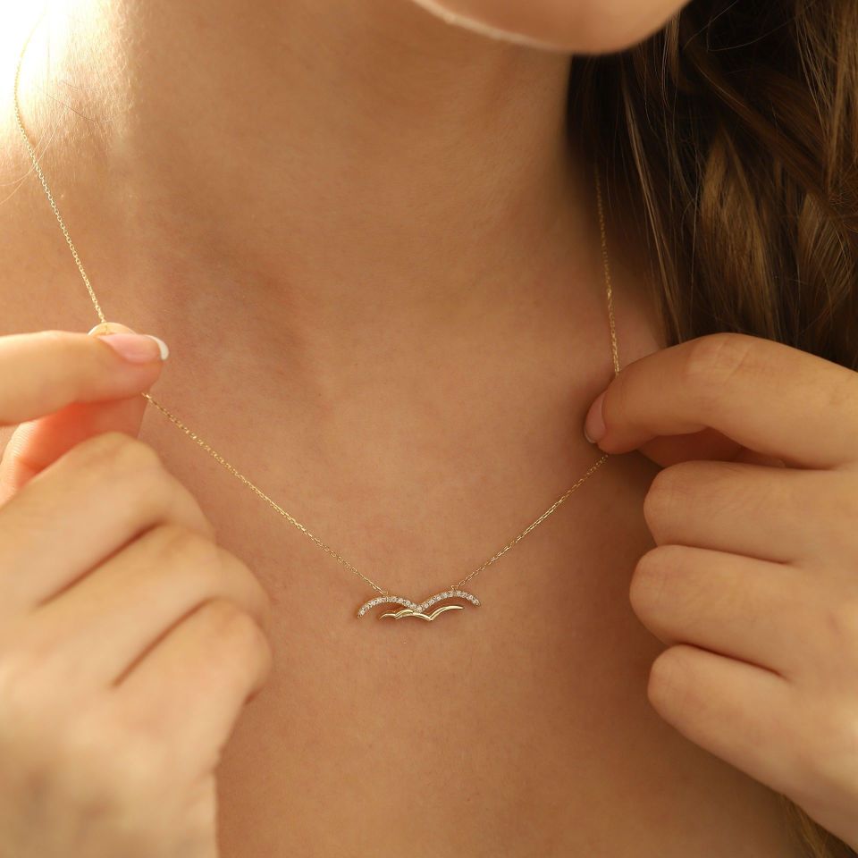 Prenses Pırlanta-14 Ayar Altın Taşlı Martı Altın Kolye Modeli ''45 cm''