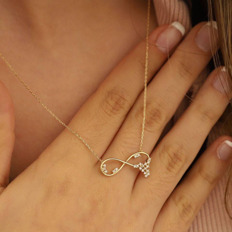 Prenses Pırlanta-14 Ayar Altın Taşlı Sonsuzluk Aşk Altın Kolye Modeli ''45 cm''