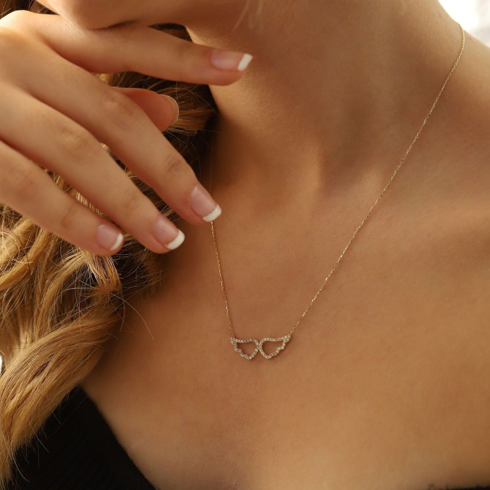 Prenses Pırlanta-14 Ayar Altın Taşlı Melek Kanadı  Altın Kolye Modeli ''45 cm''