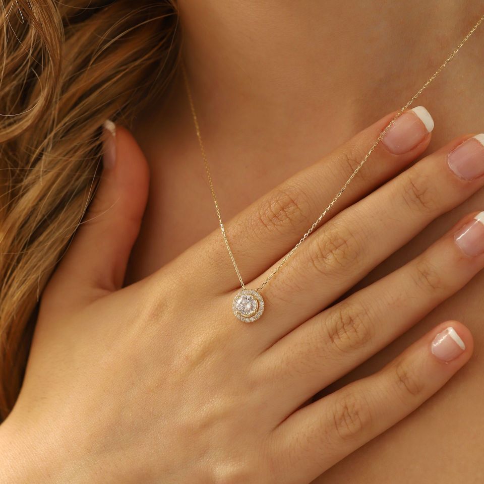 Prenses Pırlanta-14 Ayar Altın Tektaş Pırlanta Montürlü Altın Kolye Modeli ''45 cm''