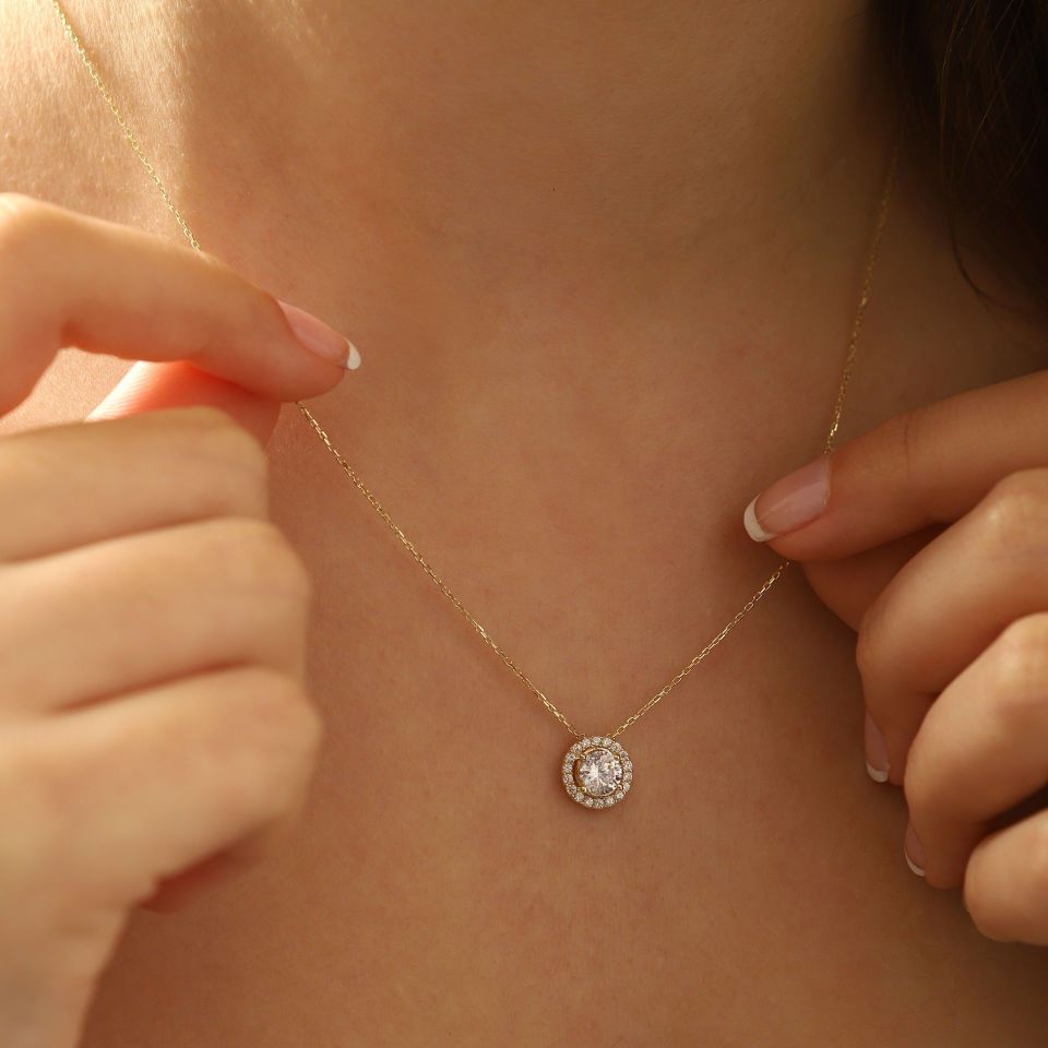 Prenses Pırlanta-14 Ayar Altın Tektaş Pırlanta Montürlü Altın Kolye Modeli ''45 cm''