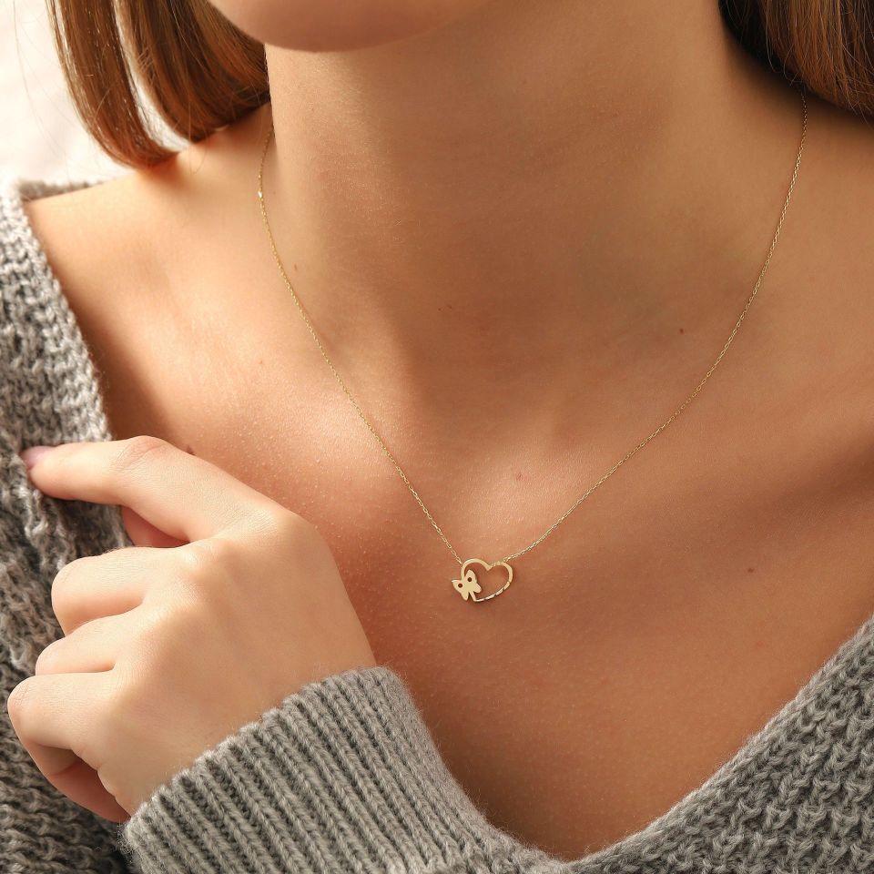 Prenses Pırlanta-14 Ayar Altın Kelebekli Kalp Altın Kolye Modeli ''45 cm''