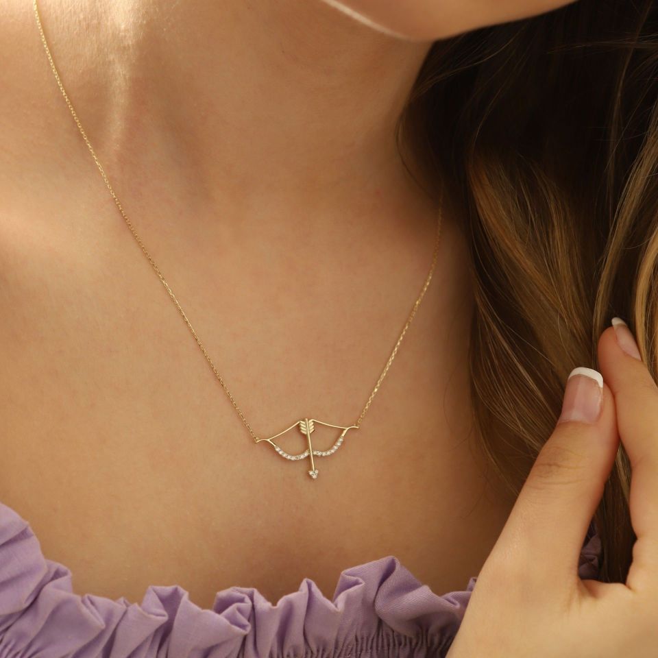 Prenses Pırlanta-14 Ayar Altın Taşlı Burç Yay Altın Kolye Modeli ''45 cm''