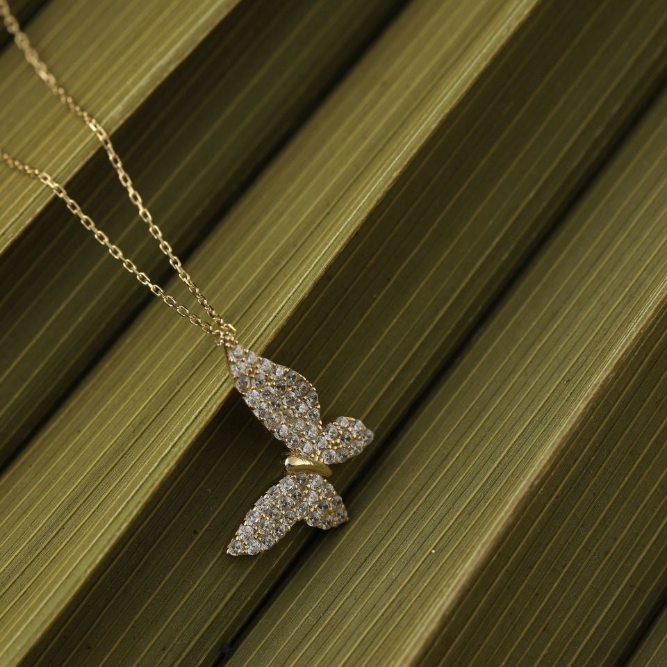 Prenses Pırlanta-14 Ayar Altın Taşlı Kelebek Altın Kolye Modeli ''45 cm''