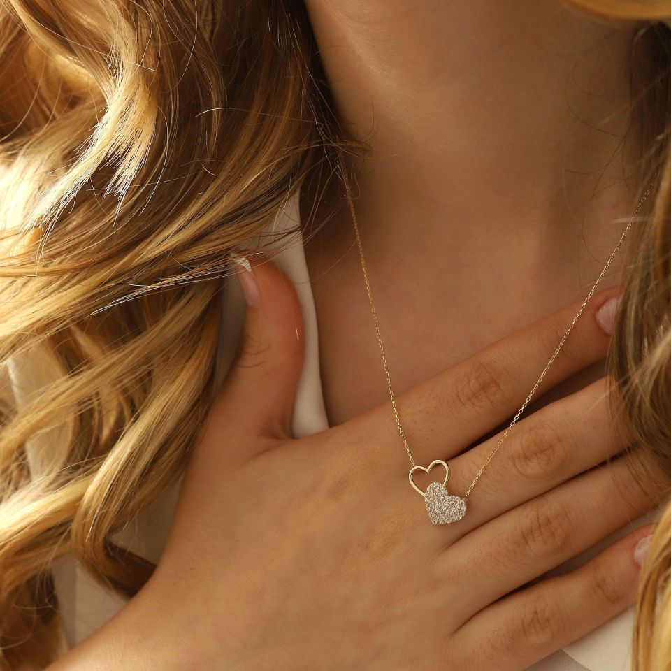 Prenses Pırlanta-14 Ayar Altın Taşlı Kalp Altın Kolye Modeli ''45 cm''