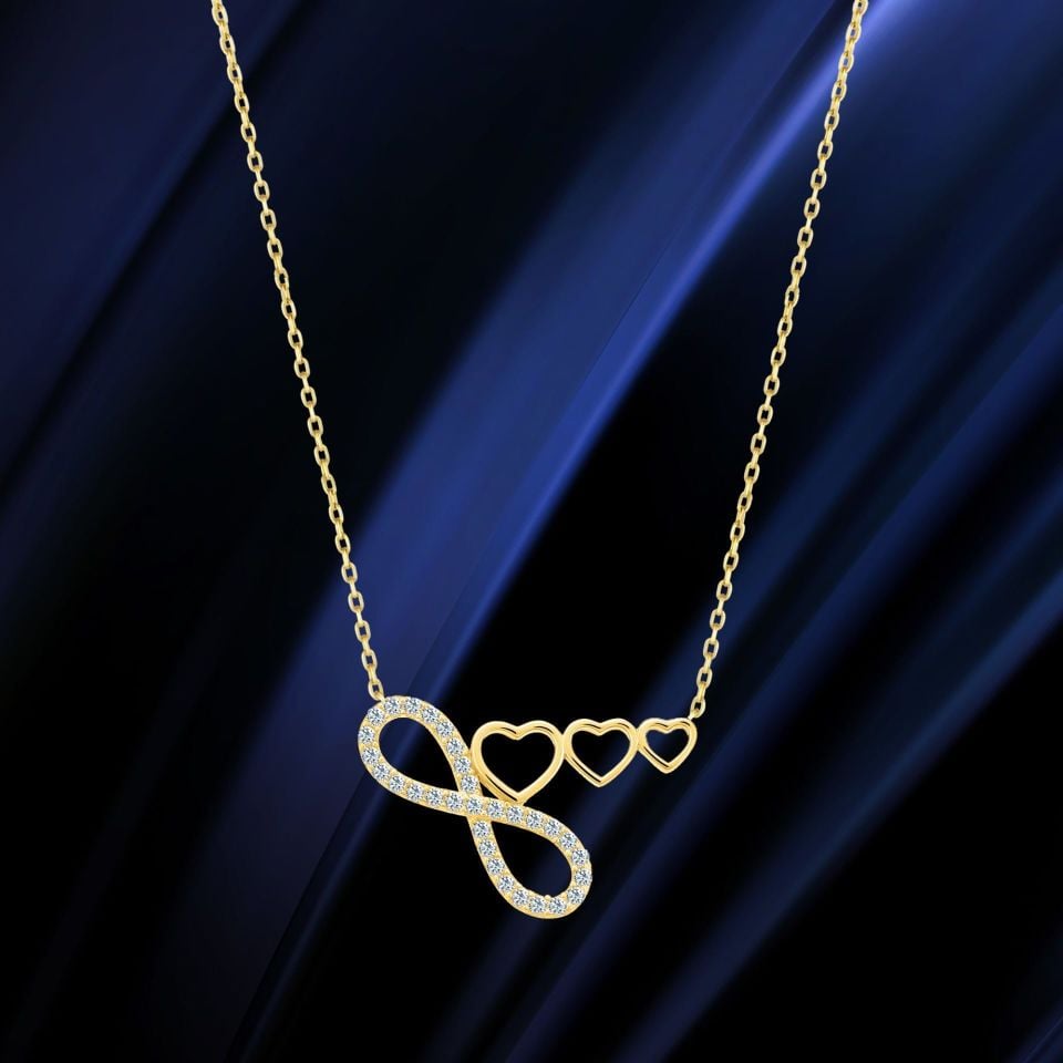 Prenses Pırlanta-14 Ayar Altın Kalpli Sonsuzluk Altın Kolye Modeli ''45 cm''