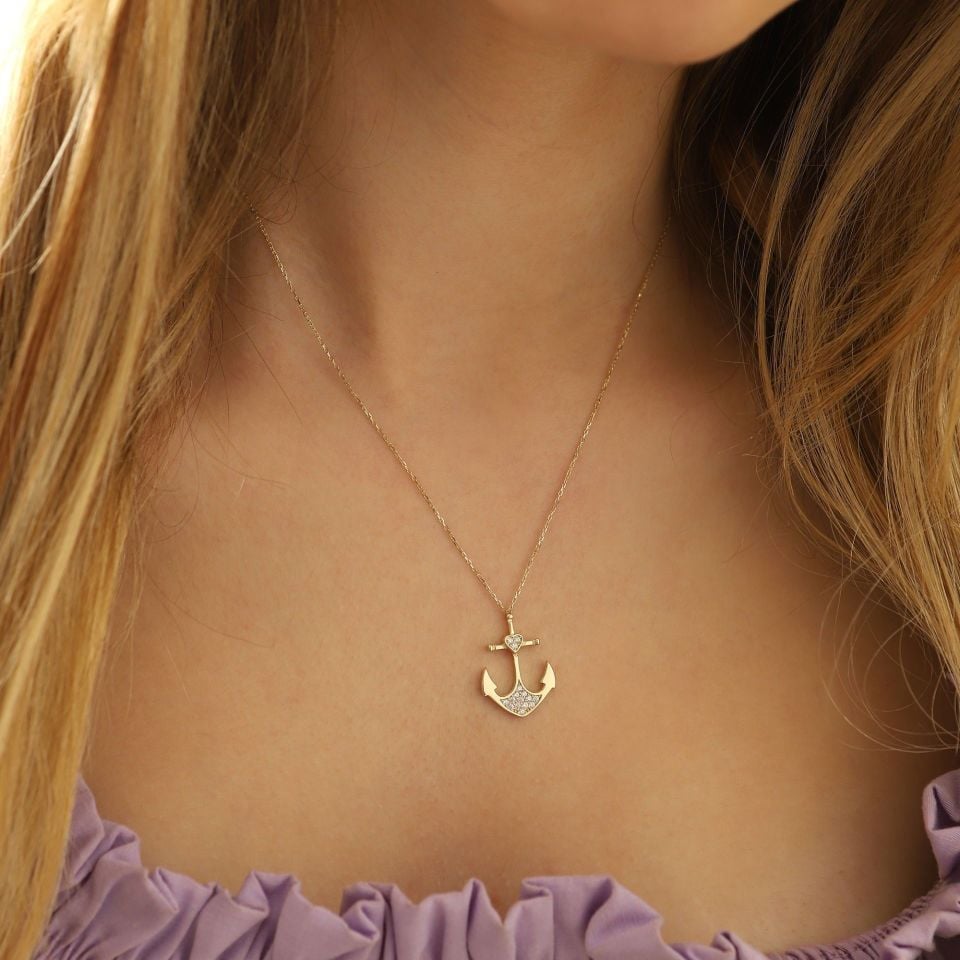 Prenses Pırlanta-14 Ayar Altın Denizcilik, Kaptan Taşlı Çapa Altın Kolye Modeli ''45 cm''