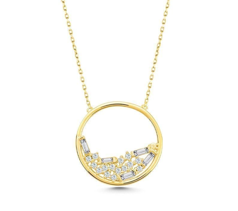 Prenses Pırlanta-14 Ayar Altın Baget Taşlı Çember Halka Altın Kolye Modeli ''45 cm''