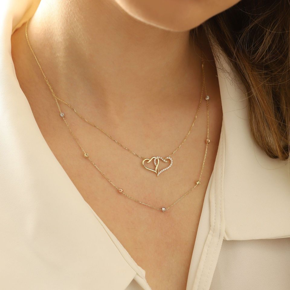 Prenses Pırlanta-14 Ayar Altın Dorika Toplu İkili Kalp Altın Kolye Modeli ''45 cm''