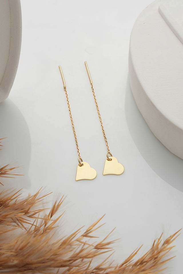 PRENSES PIRLANTA 14 Ayar Altın Zincir Sallantılı Kalp Küpe