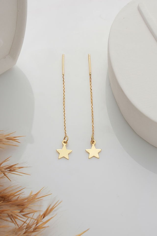 PRENSES PIRLANTA 14 Ayar Altın Zincir Sallantılı Yıldız Küpe