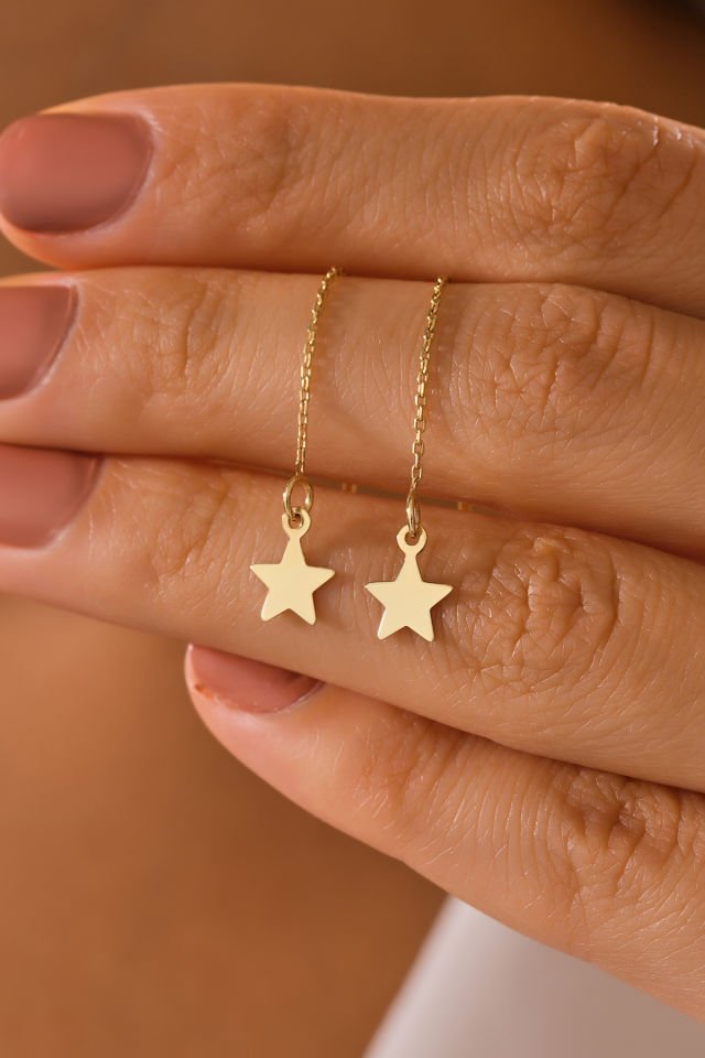 PRENSES PIRLANTA 14 Ayar Altın Zincir Sallantılı Yıldız Küpe