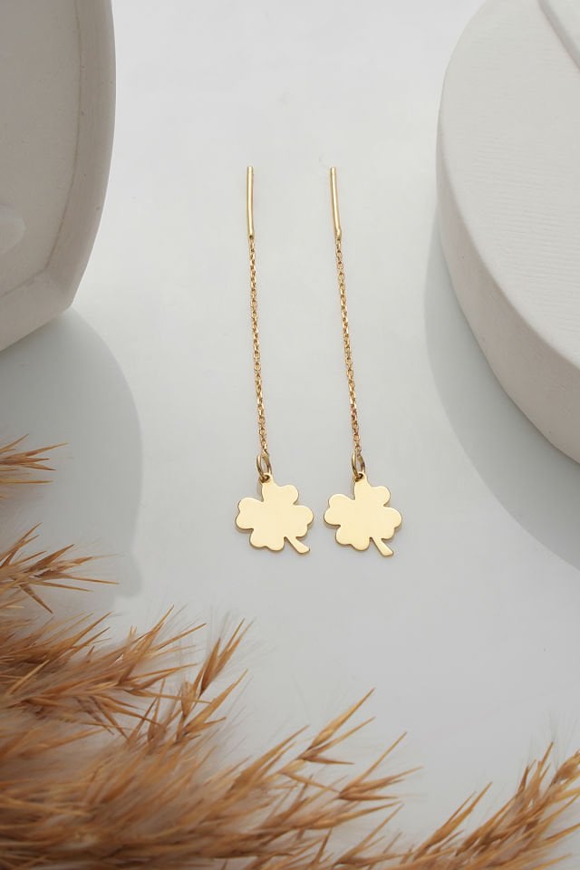 PRENSES PIRLANTA 14 Ayar Altın Zincir Sallantılı Yonca Küpe