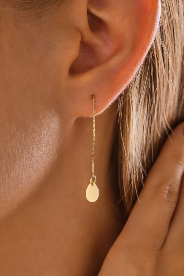 PRENSES PIRLANTA 14 Ayar Altın Zincir Sallantılı Damla Küpe