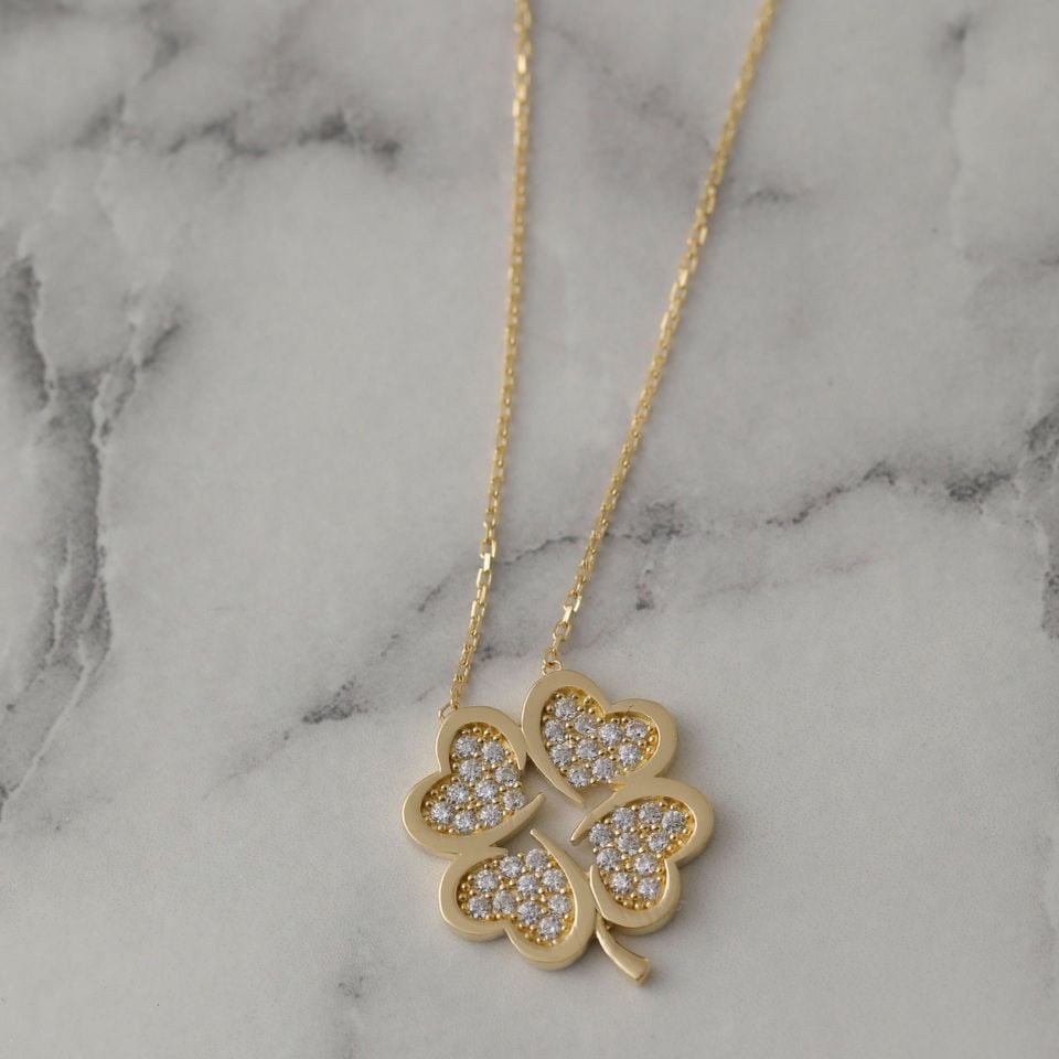 Prenses Pırlanta-14 Ayar Altın Taşlı Yonca Şans Altın Kolye Modeli ''45 cm''