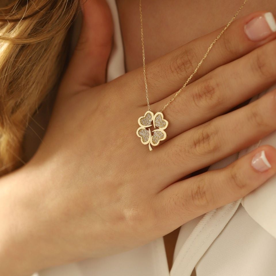 Prenses Pırlanta-14 Ayar Altın Taşlı Yonca Şans Altın Kolye Modeli ''45 cm''