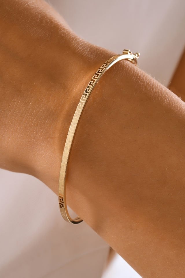 PRENSES PIRLANTA 14 Ayar Altın Lazer Grek Desenli Kelepçe Bilezik