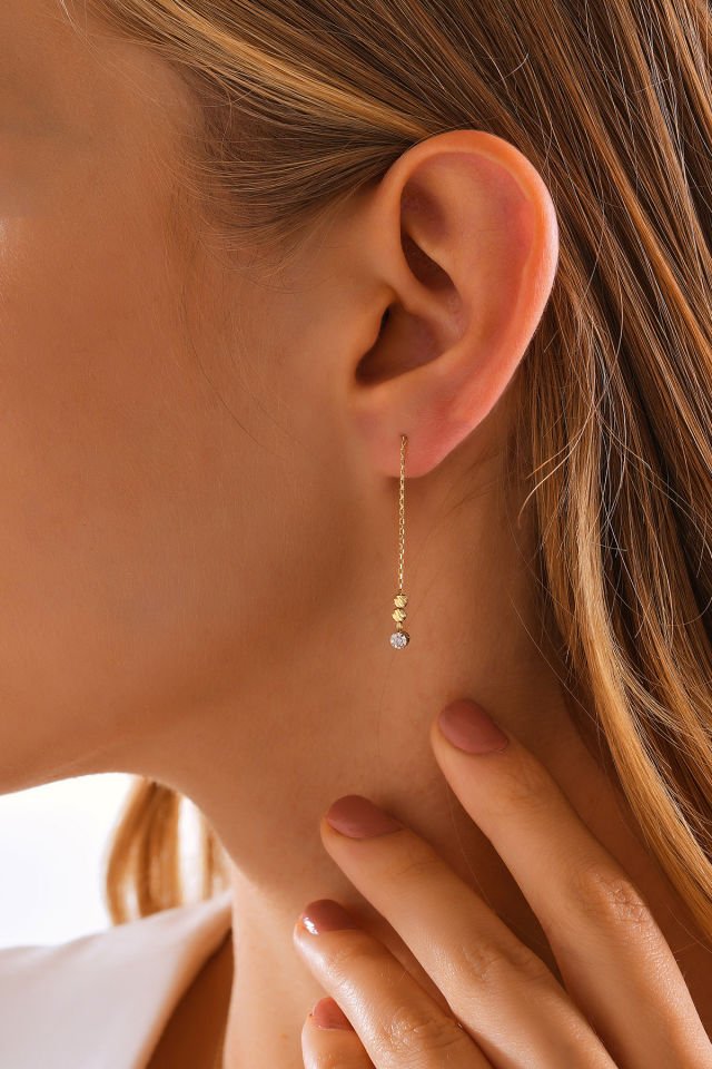 PRENSES PIRLANTA 14 Ayar Altın Mini Dorika Toplu Pırlanta Küpe Efektli