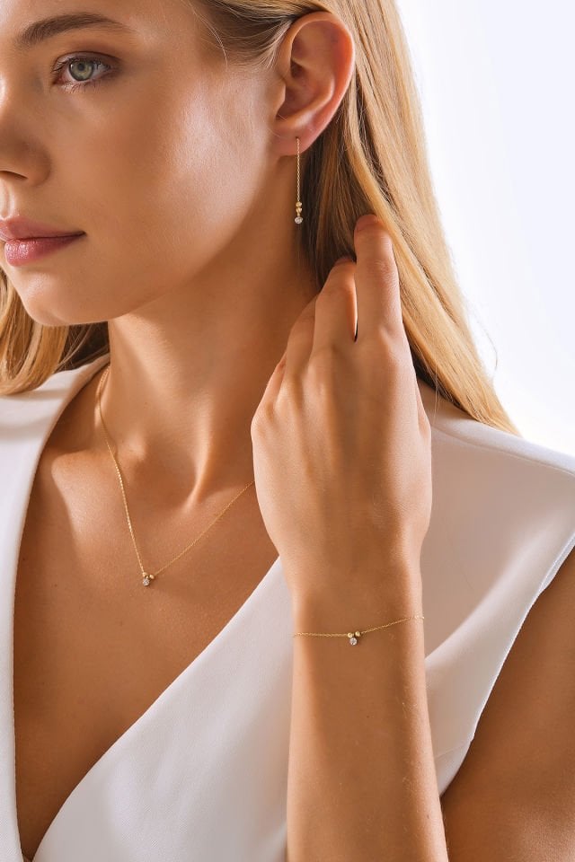 PRENSES PIRLANTA 14 Ayar Altın Mini Dorika Toplu Pırlanta Set Kolye Küpe Bileklik Efektli