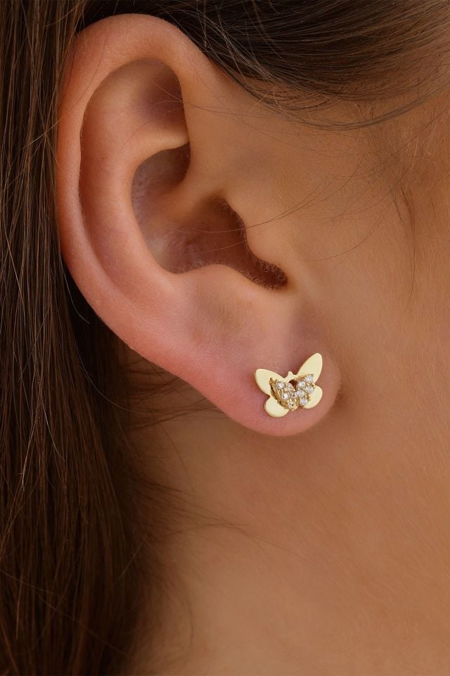 14 Ayar Altın Taşlı Kelebek Küpe