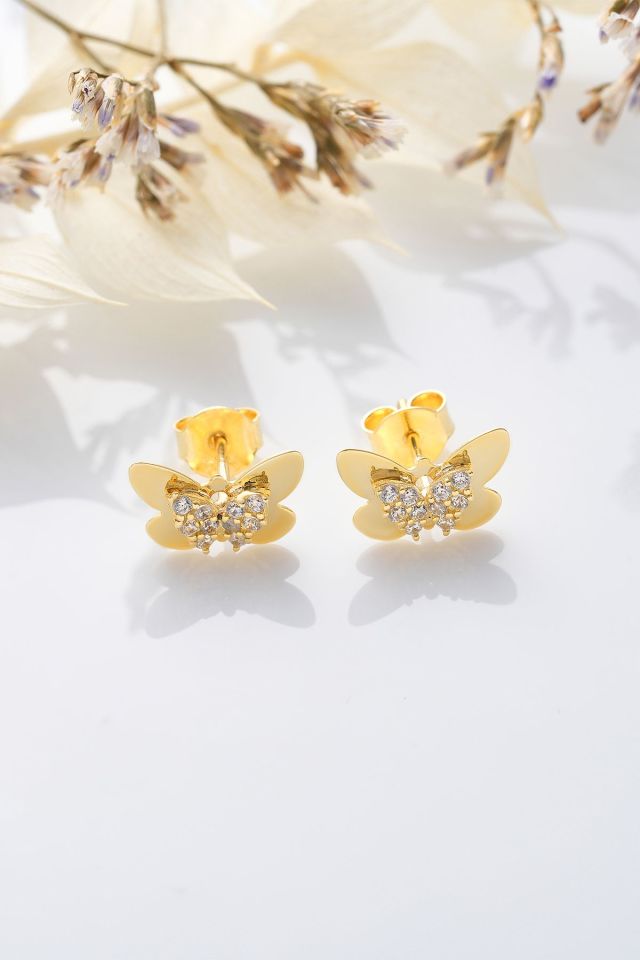 14 Ayar Altın Taşlı Kelebek Küpe