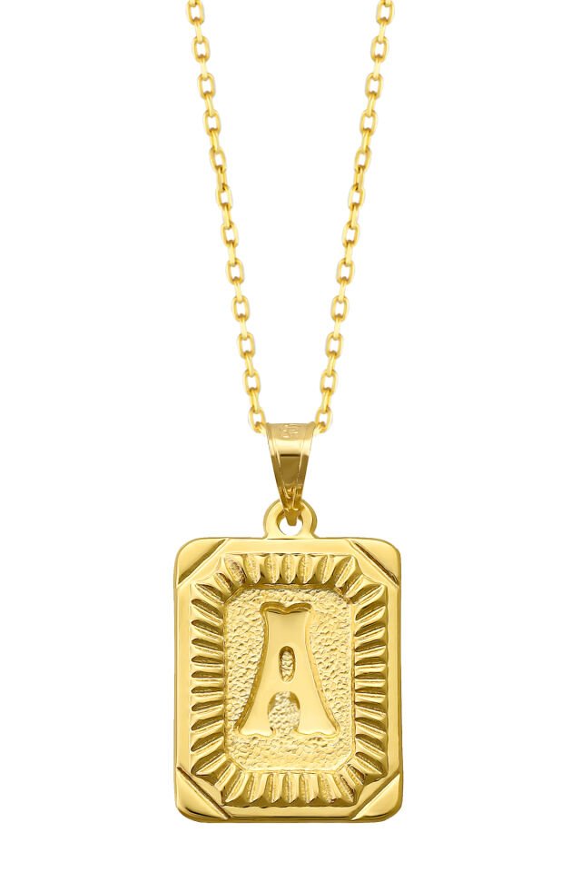 PRENSES PIRLANTA Kadın 14 Ayar Altın Kare Harf Kolye A & Z Harfi Altın Kolye Zincirli Harf Kolye 42 Cm