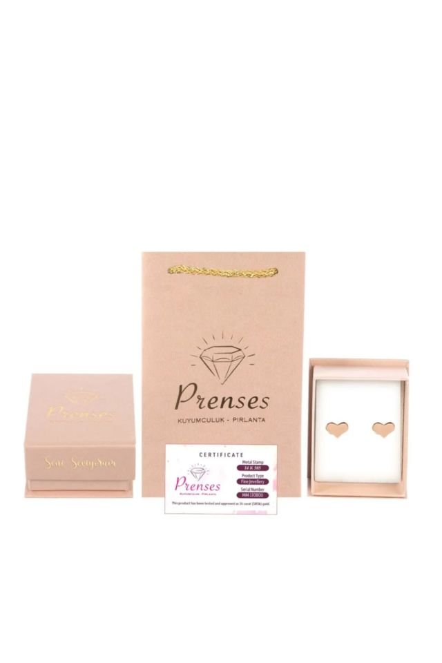 Prenses Pırlanta-14 Ayar roz Altın Kalpli-14 Ayar Altın Küpe Modeli 0,90 gr