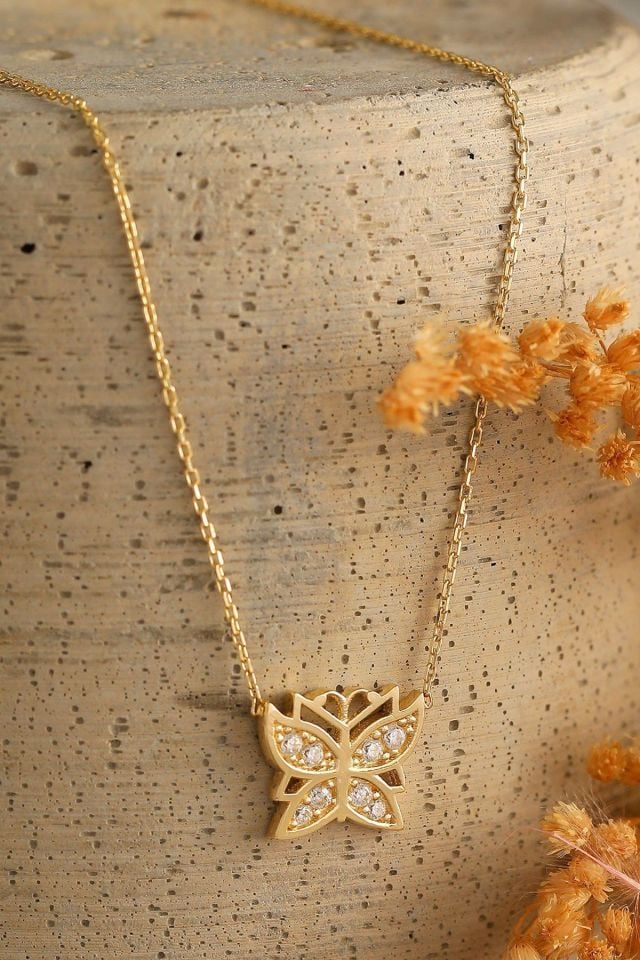 Prenses Pırlanta-14 Ayar Altın  Minimal Kelebek Altın Kolye Modeli