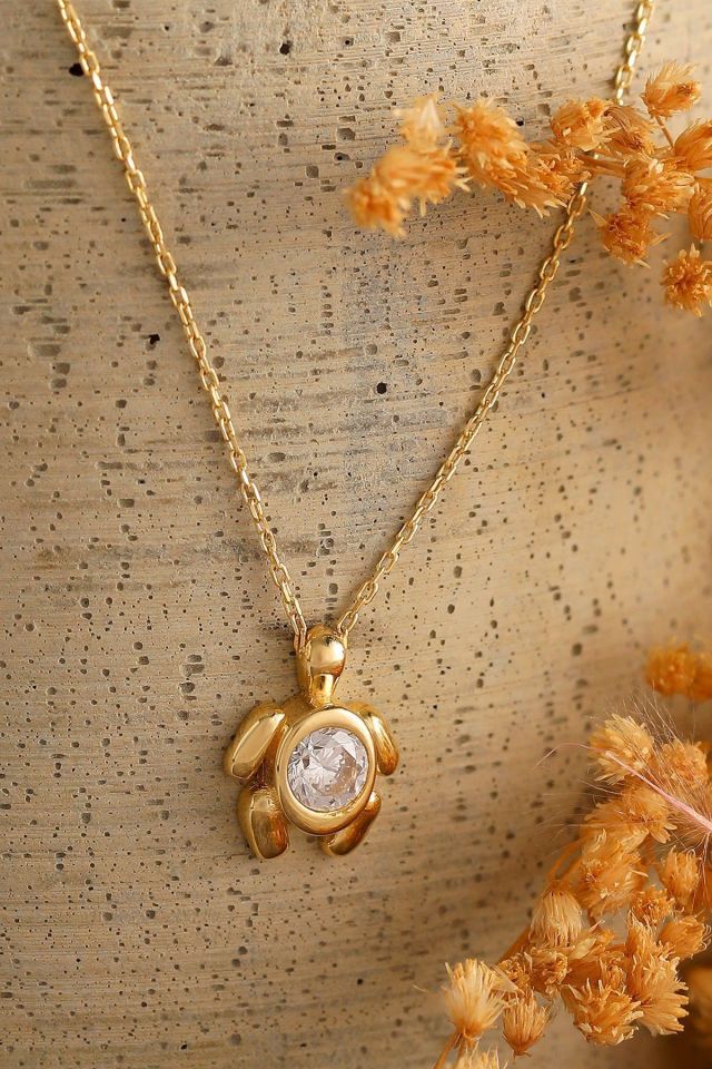 Prenses Pırlanta-14 Ayar Altın Minimal Tektaş Kaplumbağa Altın Kolye Modeli