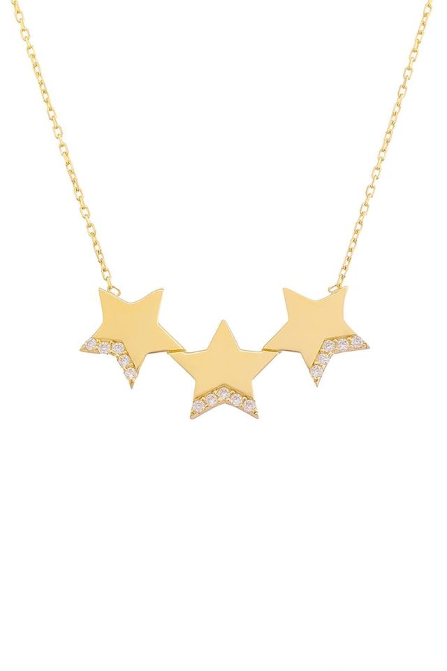 Prenses Pırlanta-14 Ayar Altın  2.5 cm Taşlı Yıldız Altın Kolye Modeli