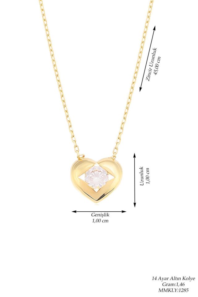 Prenses Pırlanta-14 Ayar Altın Minimal Kalpli Tektaş Altın Kolye Modeli
