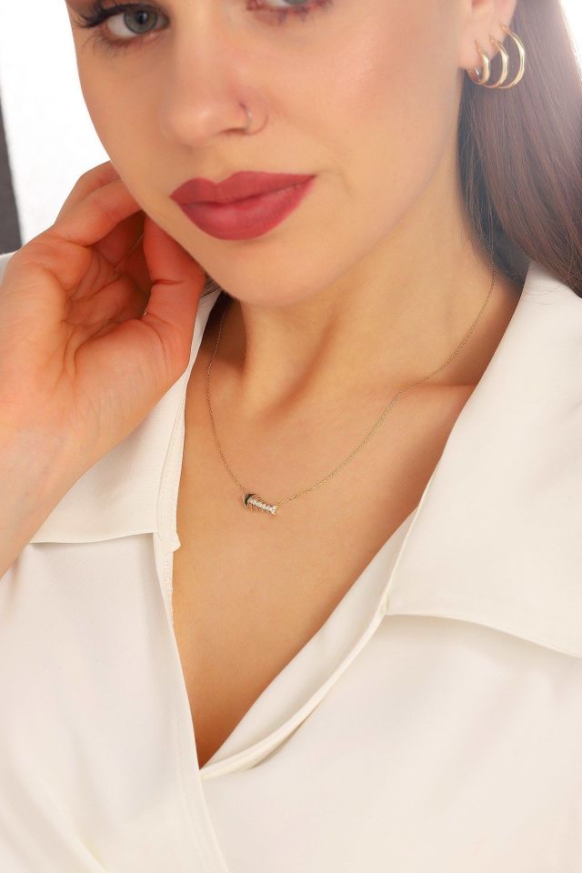 Prenses Pırlanta-14 Ayar Altın Elişi Taşlı Balık Kılçığı Altın Kolye Modeli