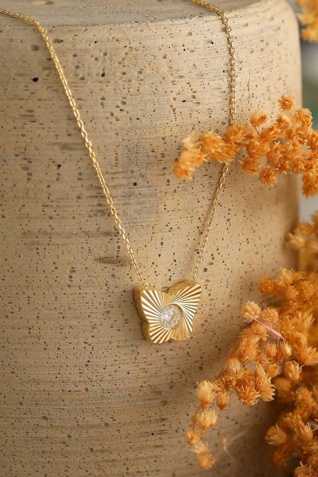 Prenses Pırlanta-14 Ayar Altın Minimal Tektaş Kelebekli Lazer Altın Kolye Modeli