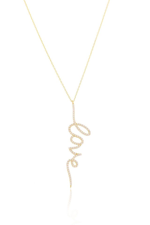 Prenses Pırlanta-14 Ayar Altın 5 cm İmza Modeli Taşlı Love Altın Kolye Modeli