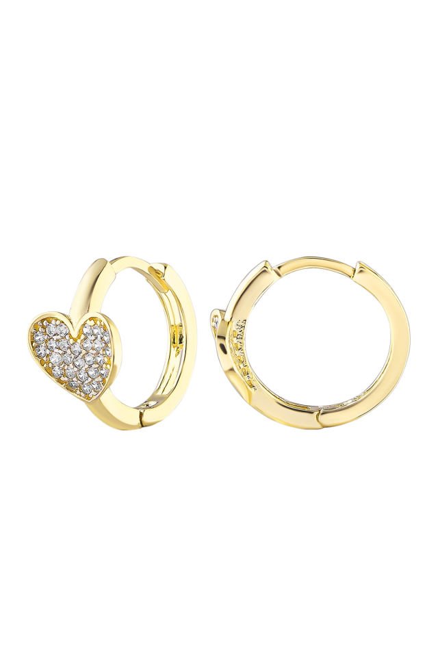 PRENSES PIRLANTA-Kadın 14 Ayar Altın Küpe Minimalist Zirkon Taşlı Kalp Temalı Halka Altın Küpe 12 mm