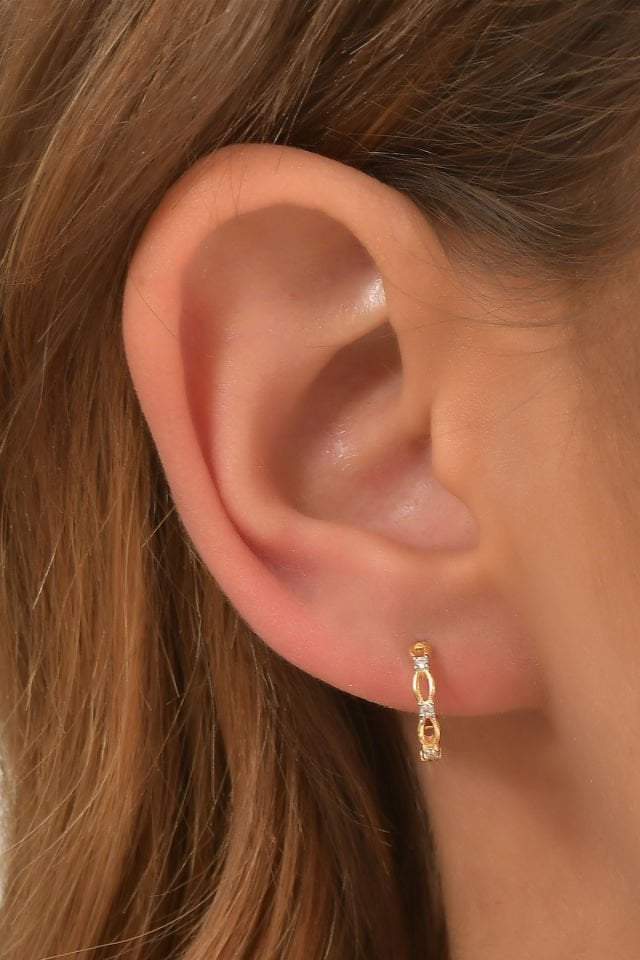 PRENSES PIRLANTA-Kadın 14 Ayar Altın Küpe Minimalist Zirkon Taşlı Modern Halka Altın Küpe 12.5 mm